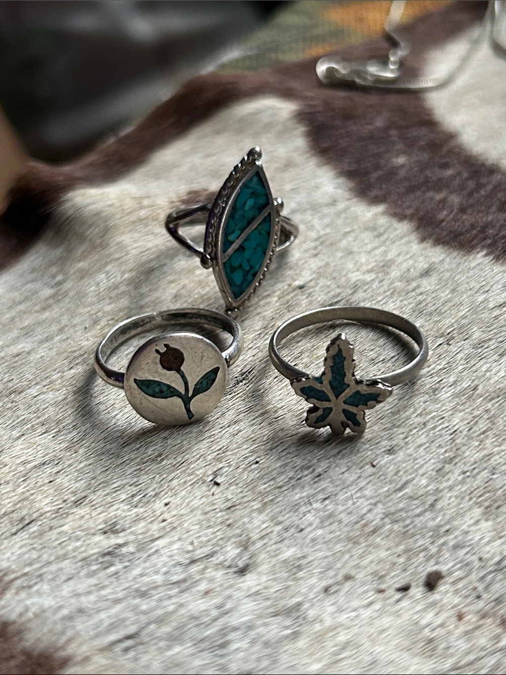 Sterling-unmarked Turquoise Inlay Ring Set - Teal Green Accents